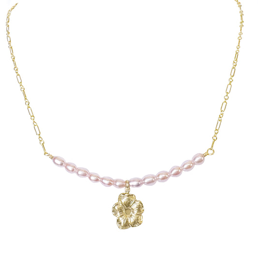 Pink Freshwater Pearl Flower Charm Necklace