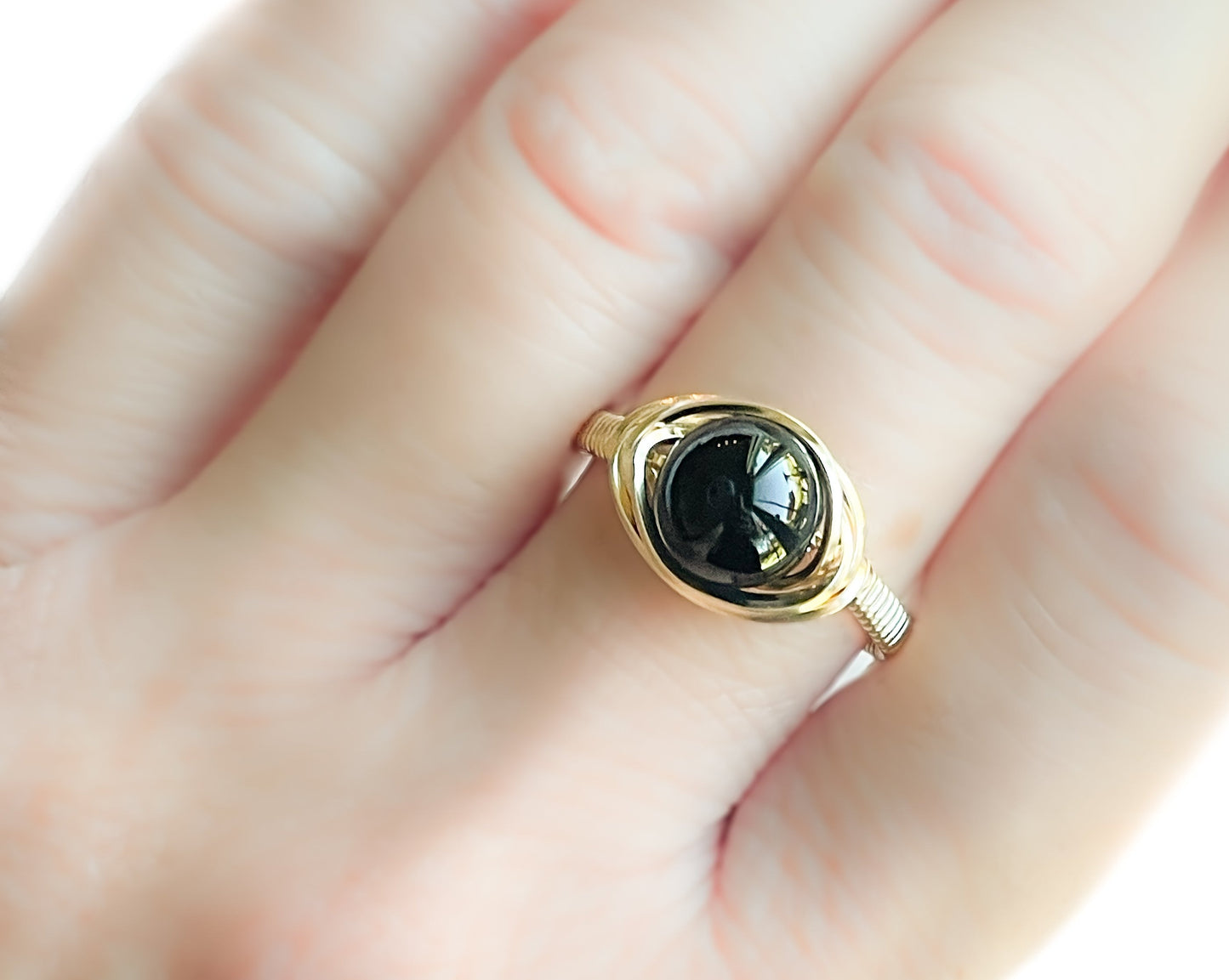 Black Onyx Bead Wire Wrapped Ring