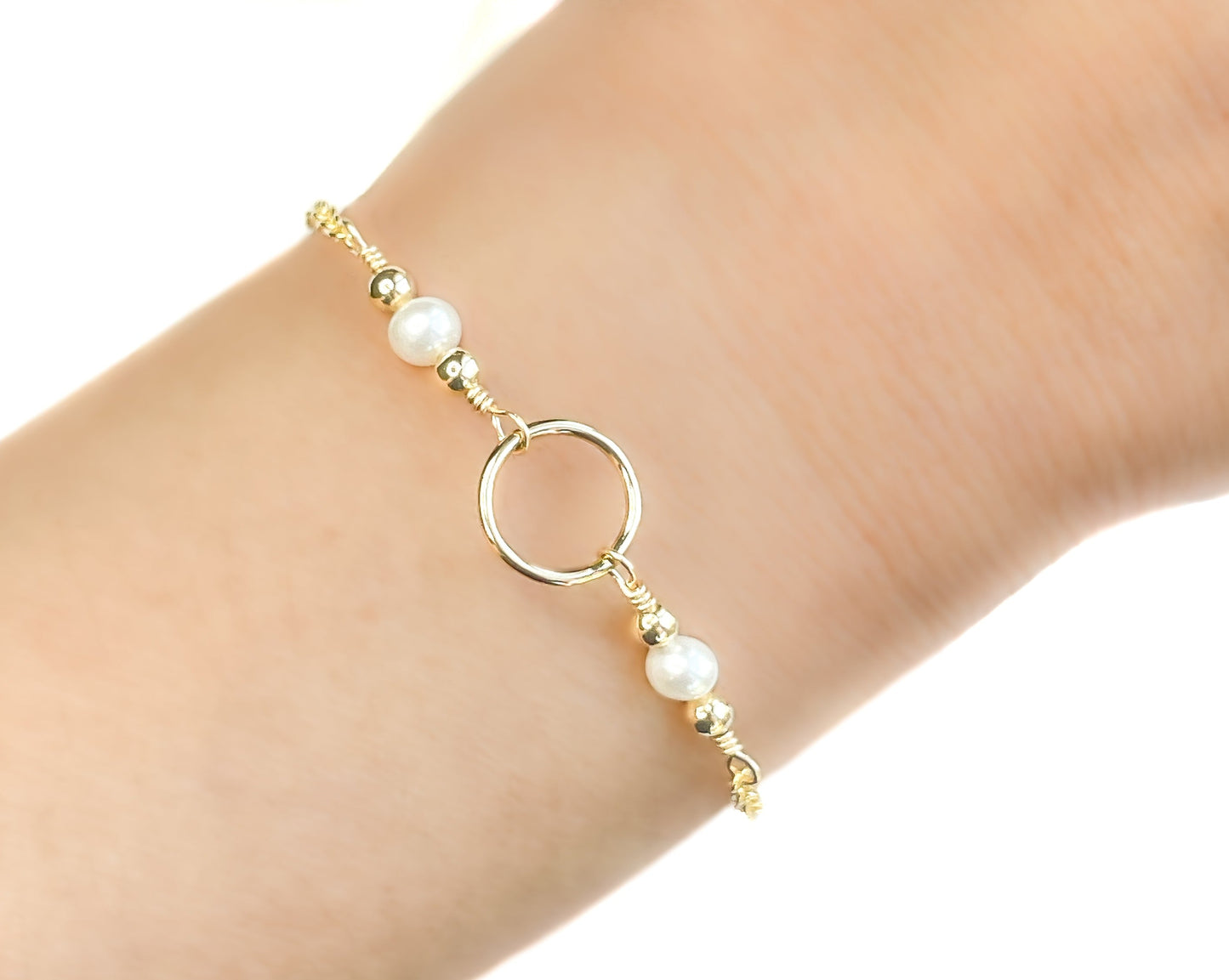 White Pearl and Gold Cluster Circle Adjustable Bracelet