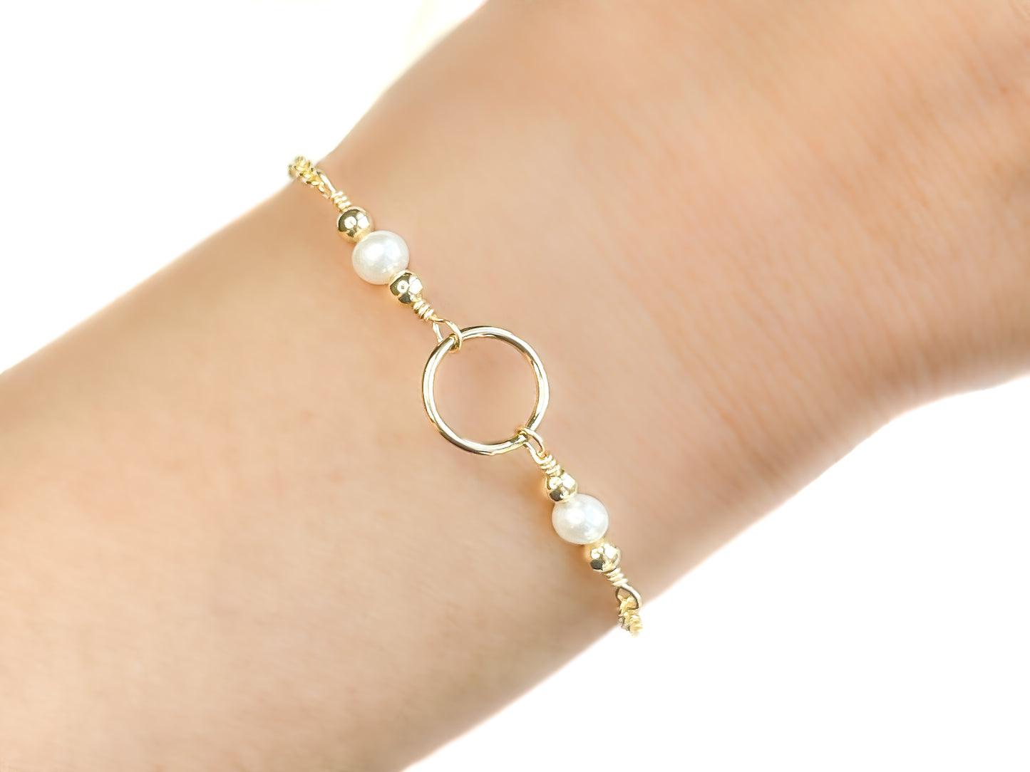 White Pearl and Gold Cluster Circle Adjustable Bracelet