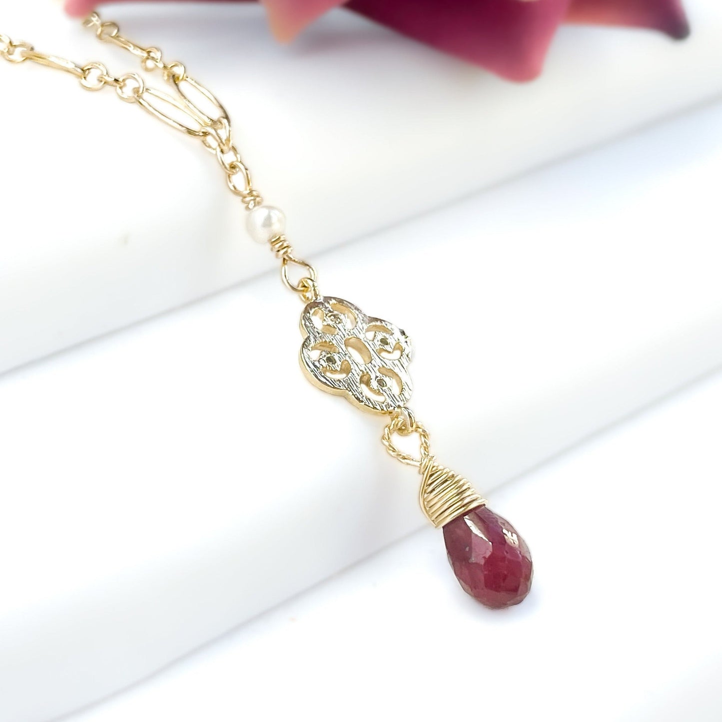 Ruby Briolette Drop Pendant Necklace