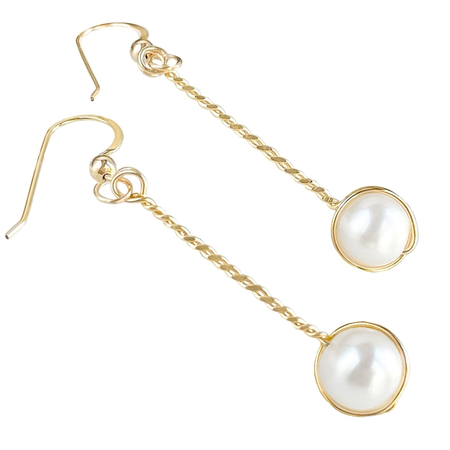 White Freshwater Pearl Long Twisted Earrings