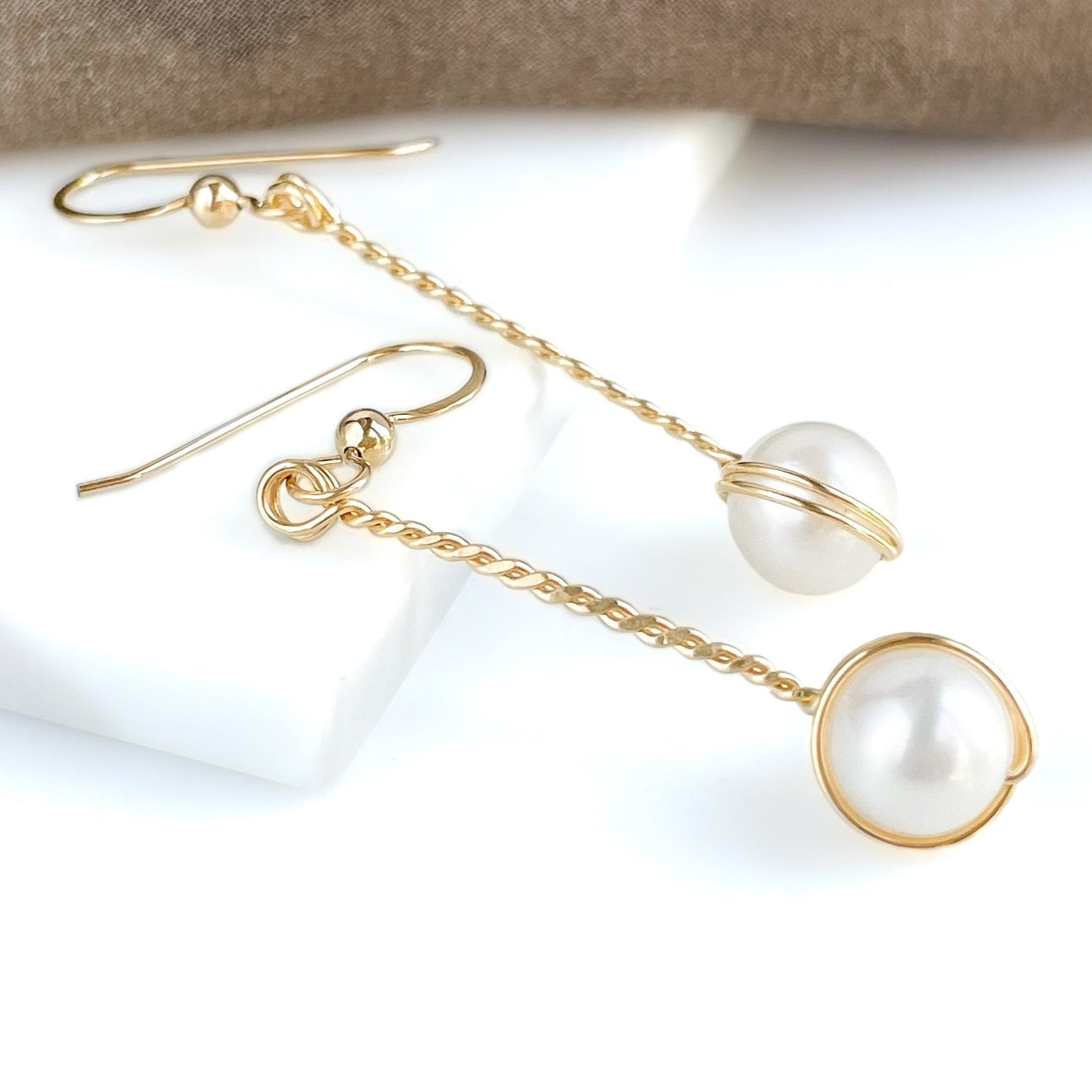 White Freshwater Pearl Long Twisted Earrings