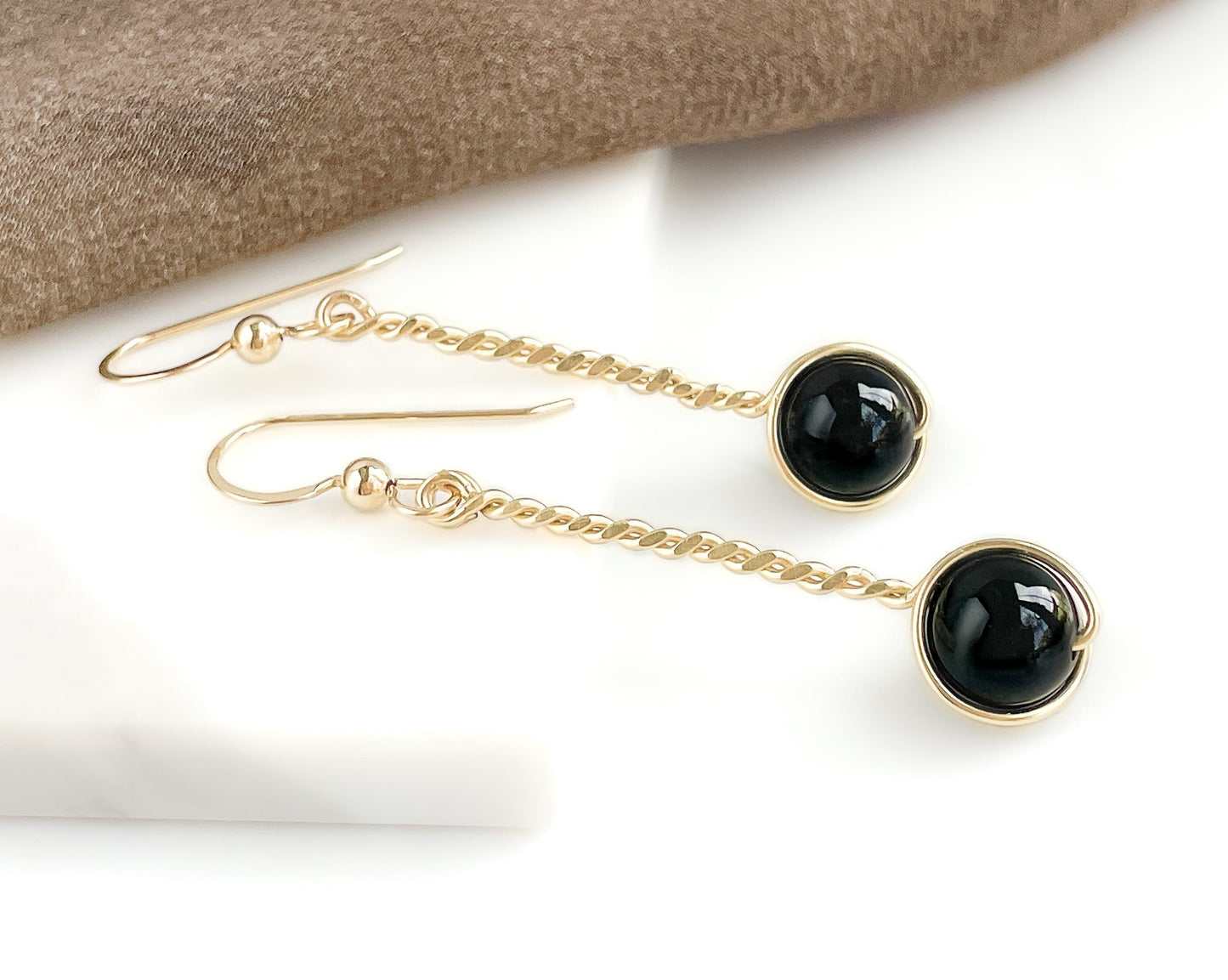 Black Onyx Long Twisted Earrings