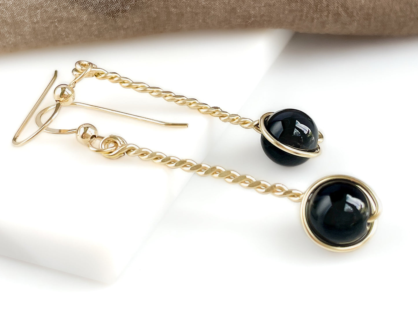 Black Onyx Long Twisted Earrings