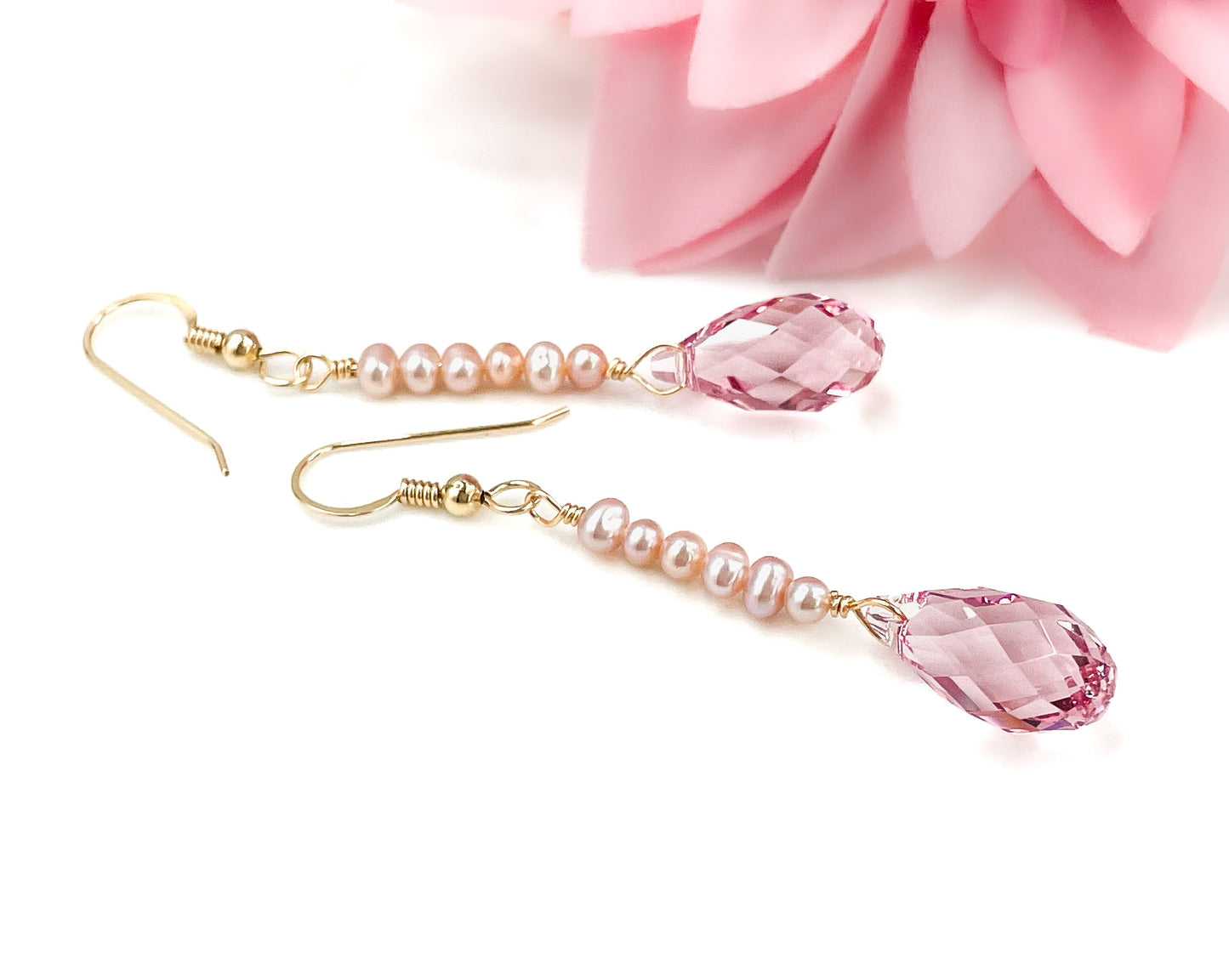 Swarovski Pink Crystal and Pearl Dangle Earrings