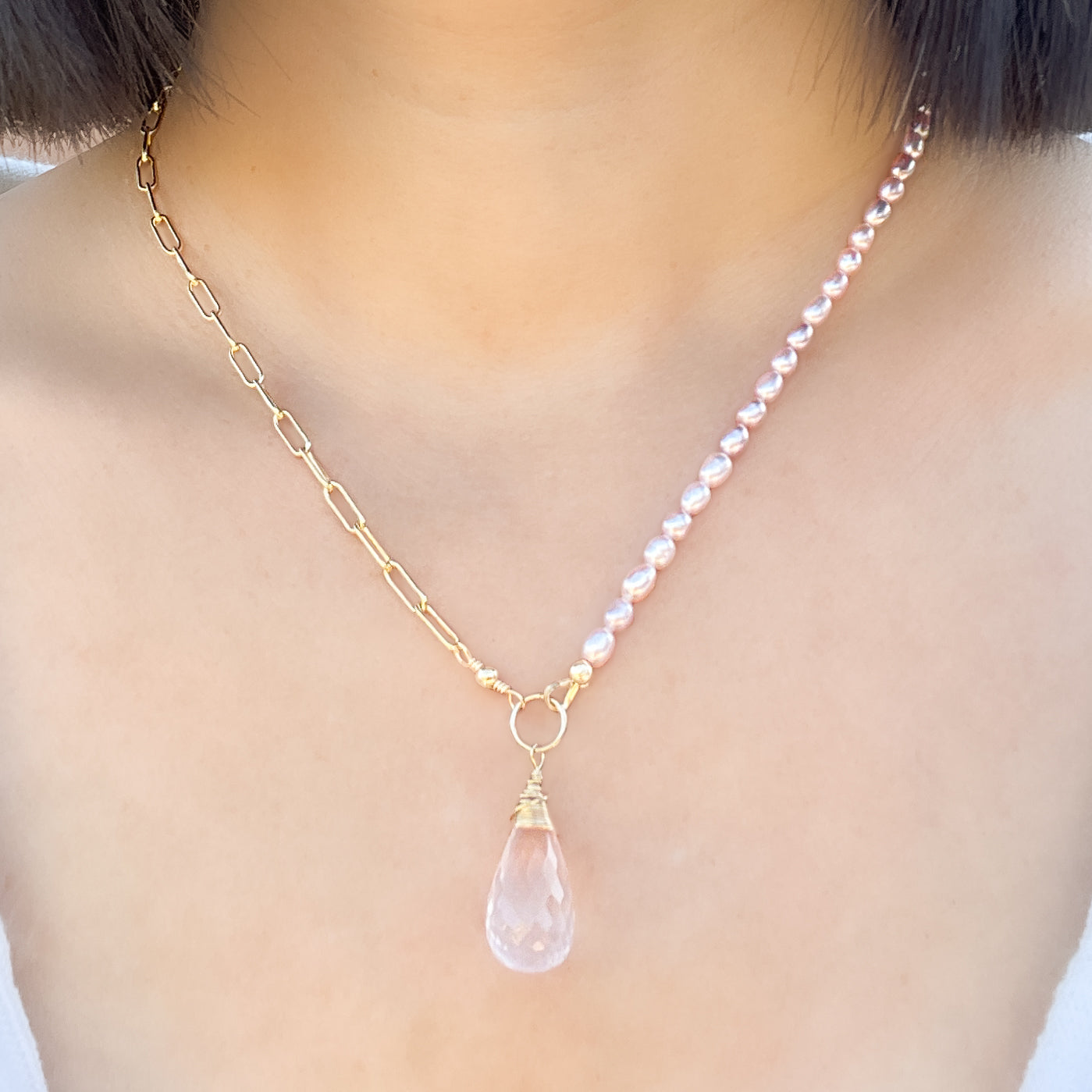 Rose Quartz Half Pearl Half Chain Necklace