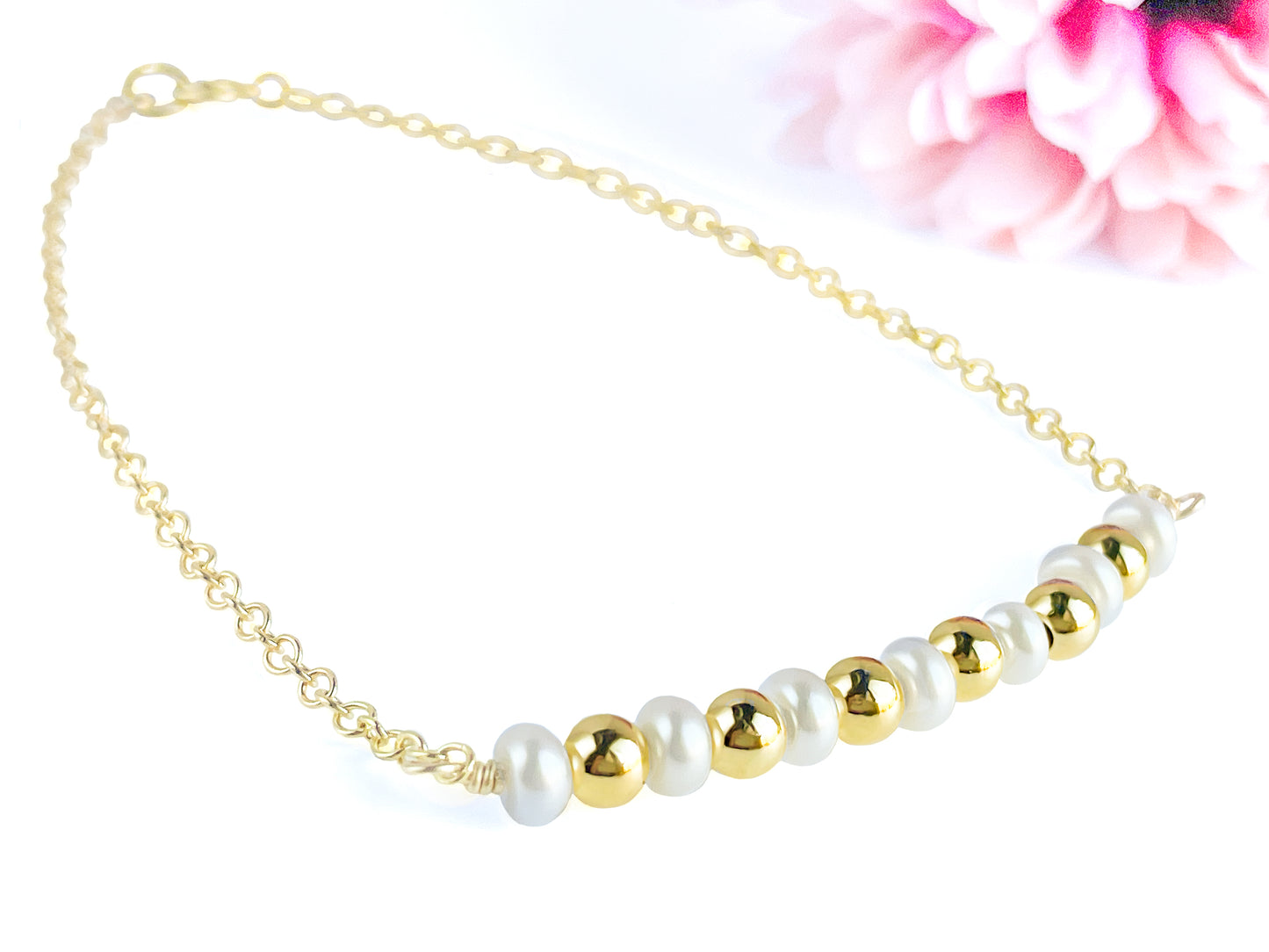 Freshwater Pearl and Gold Bead Dainty Bracelet