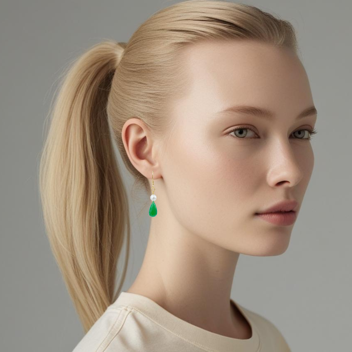 Green Onyx and Pearl Dangle Earrings