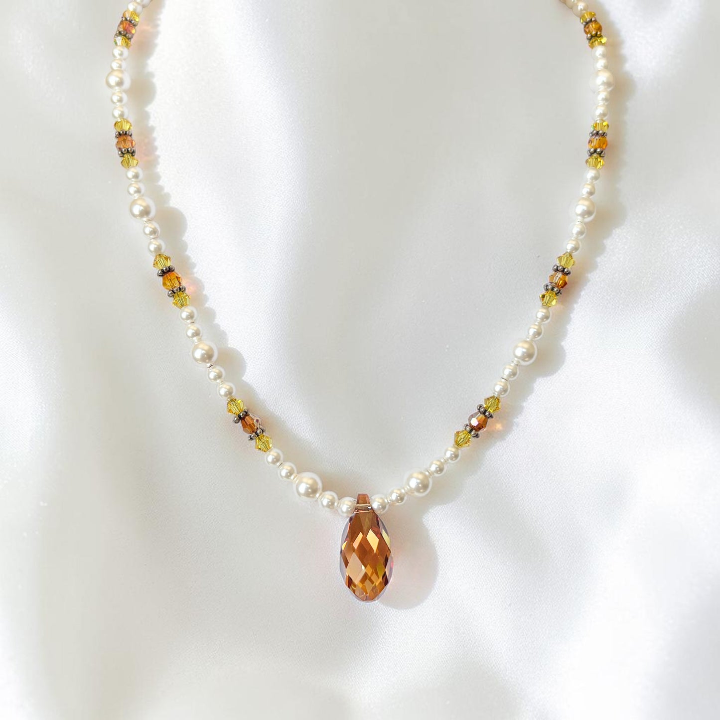 Swarovski Pearl and Bronze Crystal Teardrop Necklace