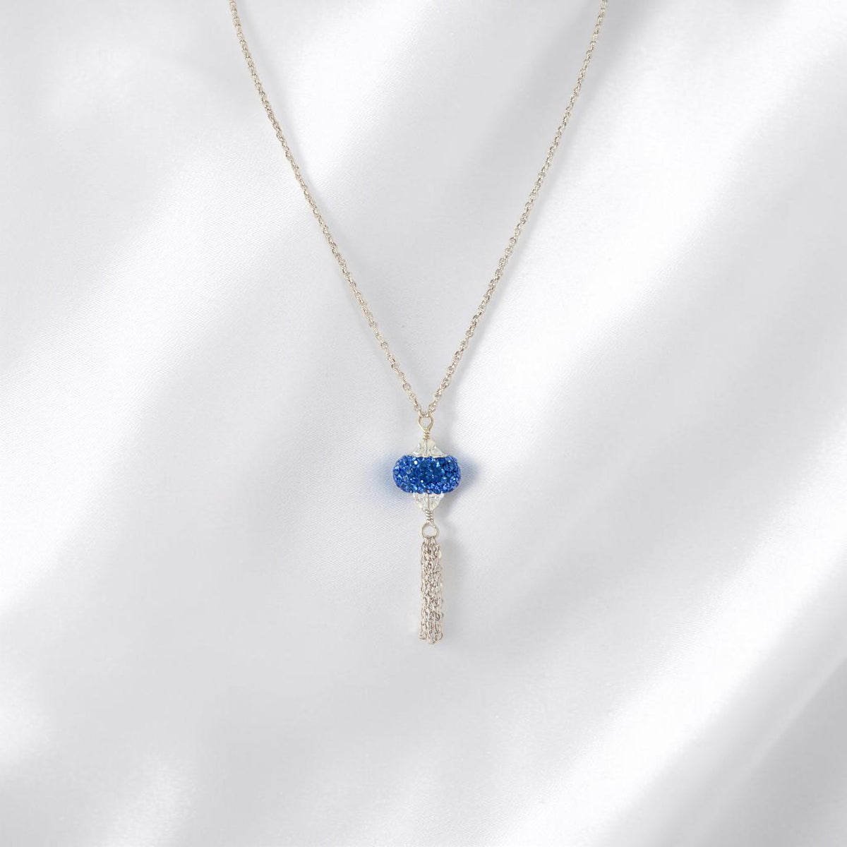 Blue Pave and Swarovski Crystal Tassel Necklace in Sterling Silver