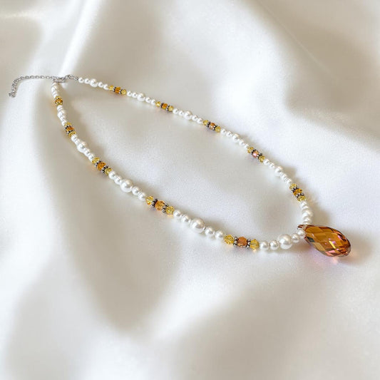 Swarovski Pearl and Bronze Crystal Teardrop Necklace