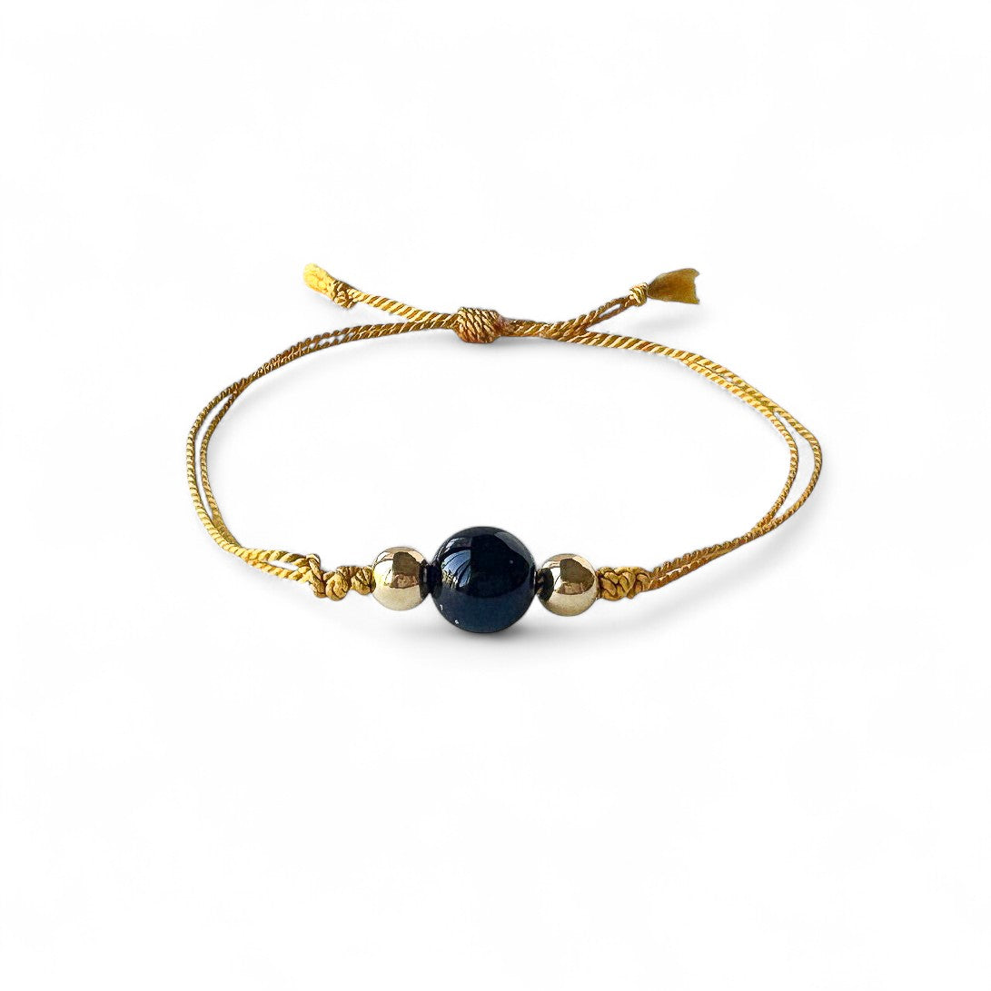 Black Onyx Bead Gold Silk Cord Adjustable Bracelet