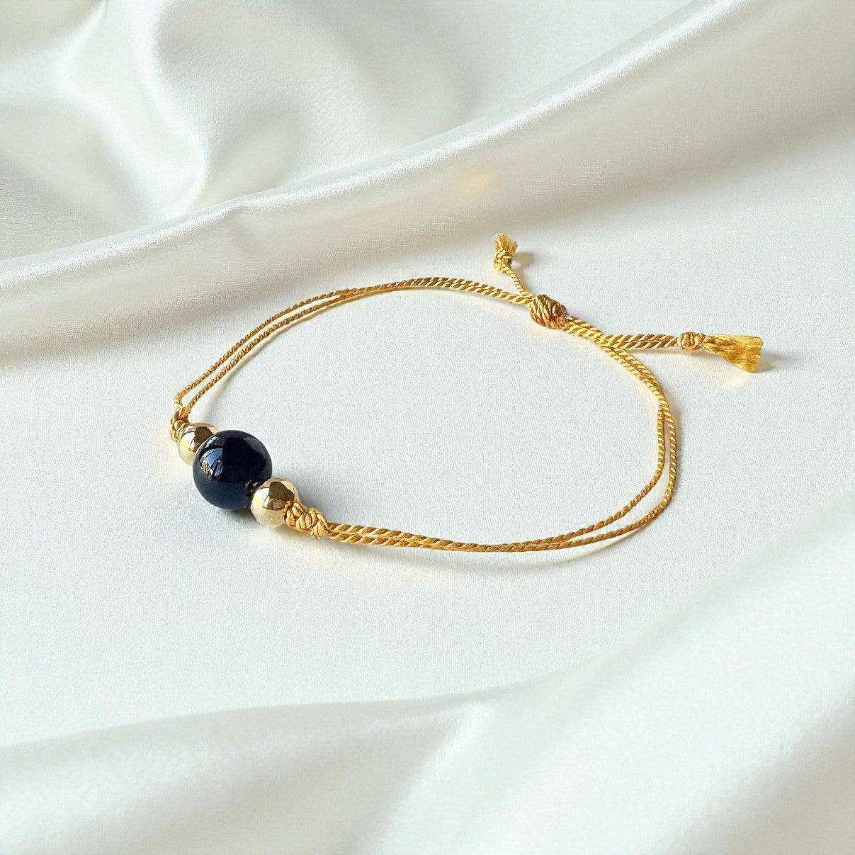 Black Onyx Bead Gold Silk Cord Adjustable Bracelet