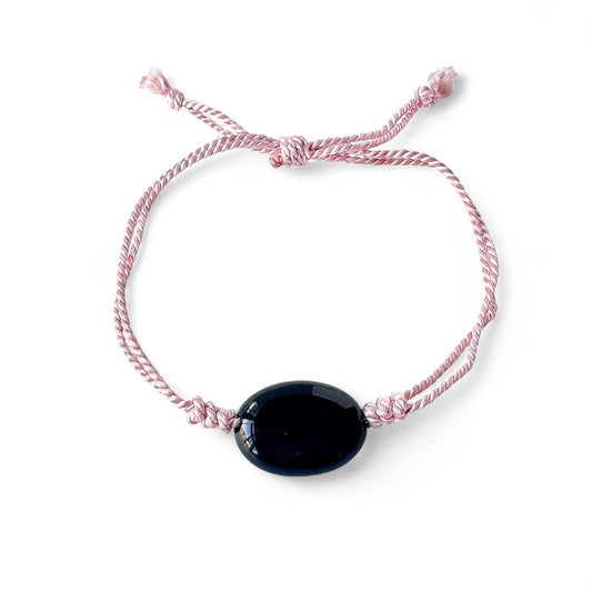 Black Onyx Pink Silk Cord Adjustable Bracelet