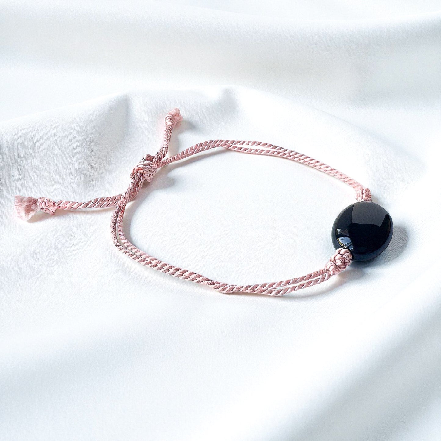 Black Onyx Pink Silk Cord Adjustable Bracelet