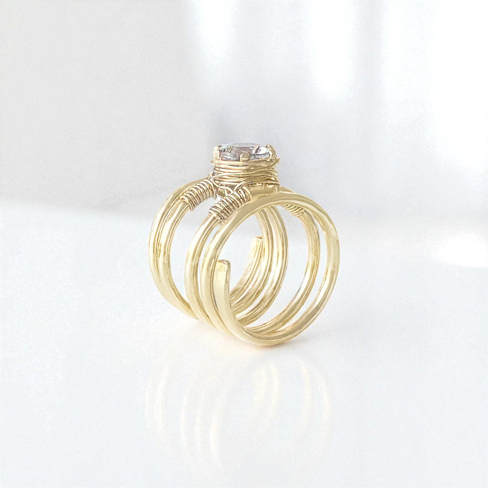 White Zircon Wire Wrapped Spiral Ring