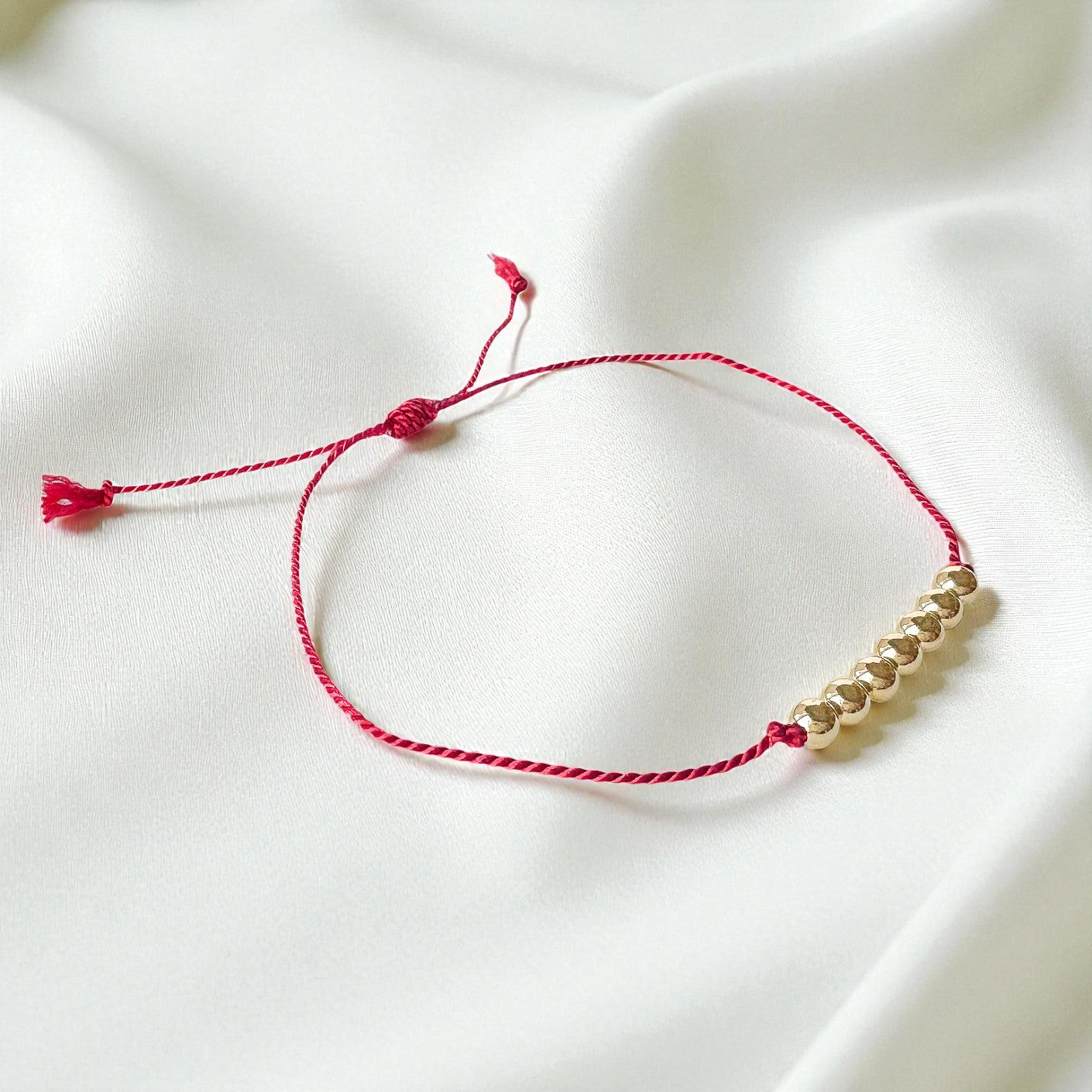 Gold Beaded Red Silk Cord Adjustable Bracelet