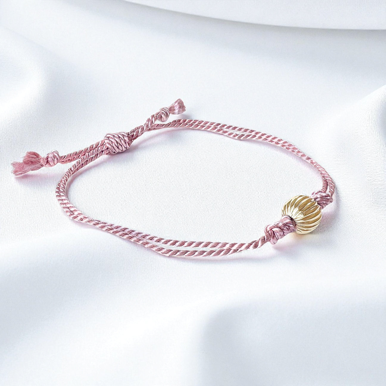 Gold Bead Pink Silk Cord Adjustable Bracelet