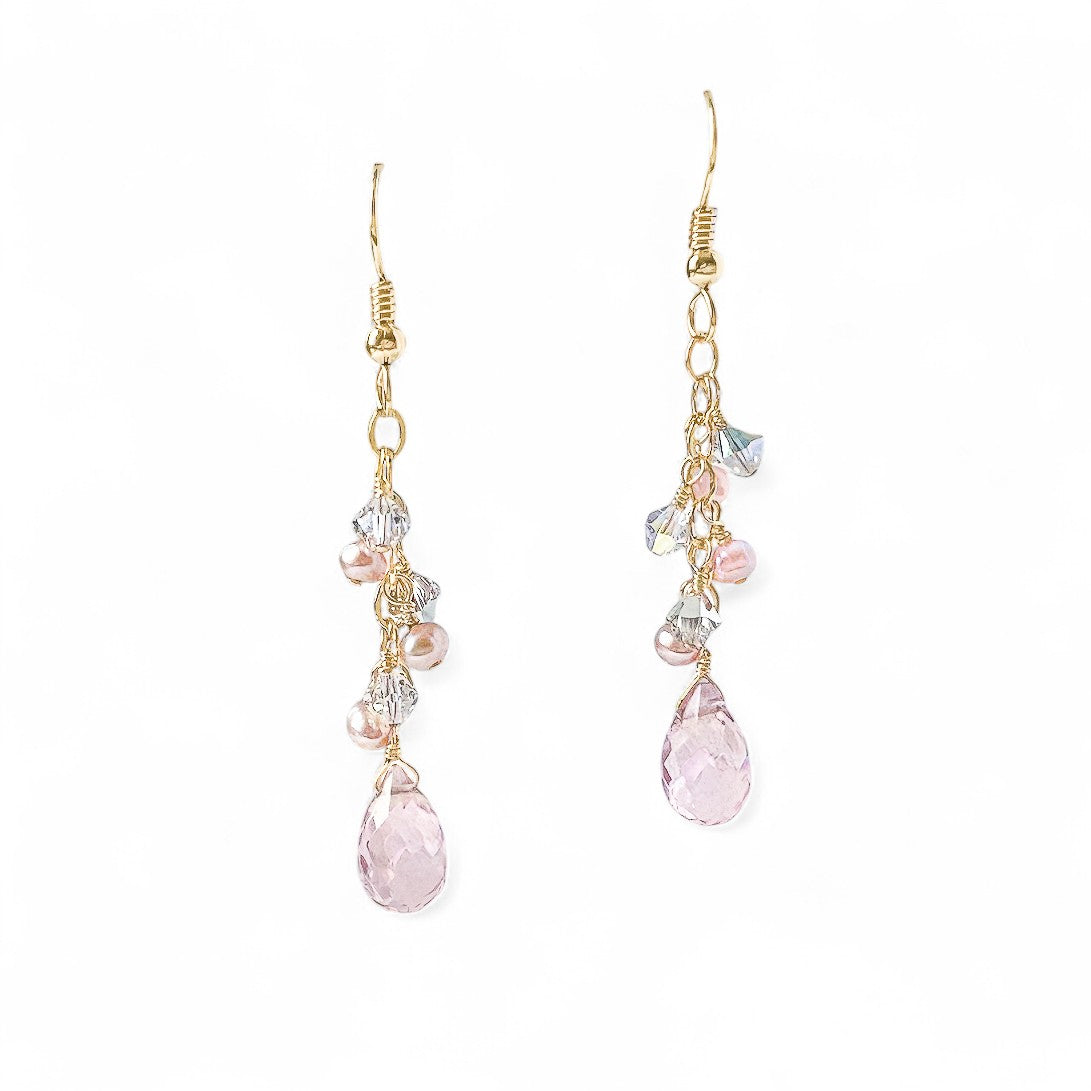 Pink Amethyst Briolette Earrings with Pearls and Crystals