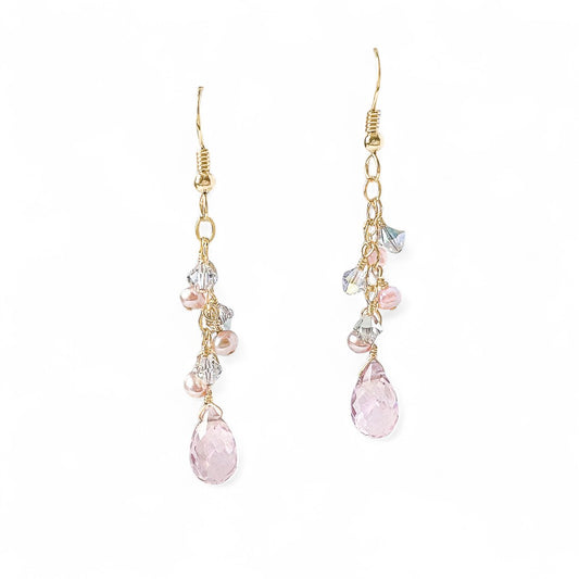 Pink Amethyst Briolette Earrings with Pearls and Crystals