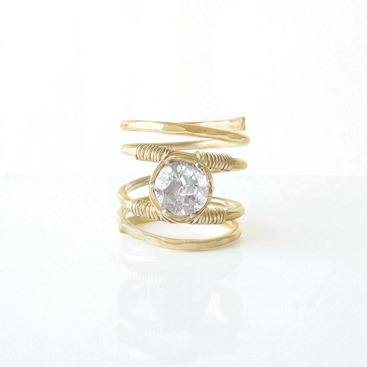 White Zircon Wire Wrapped Spiral Ring