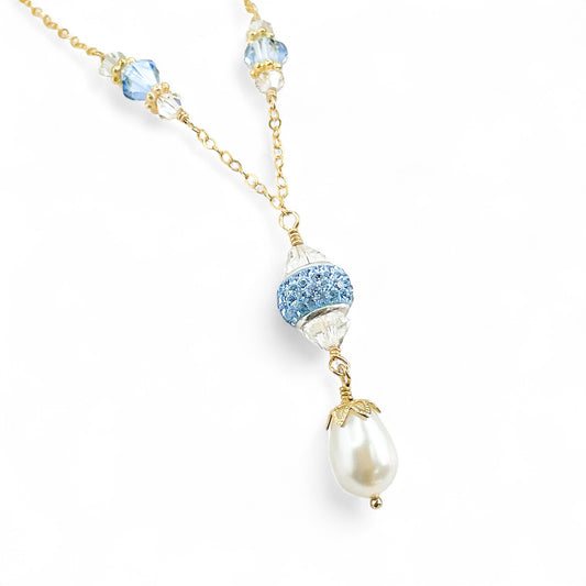 Swarovski Blue Crystal and Pearl Dangle Necklace