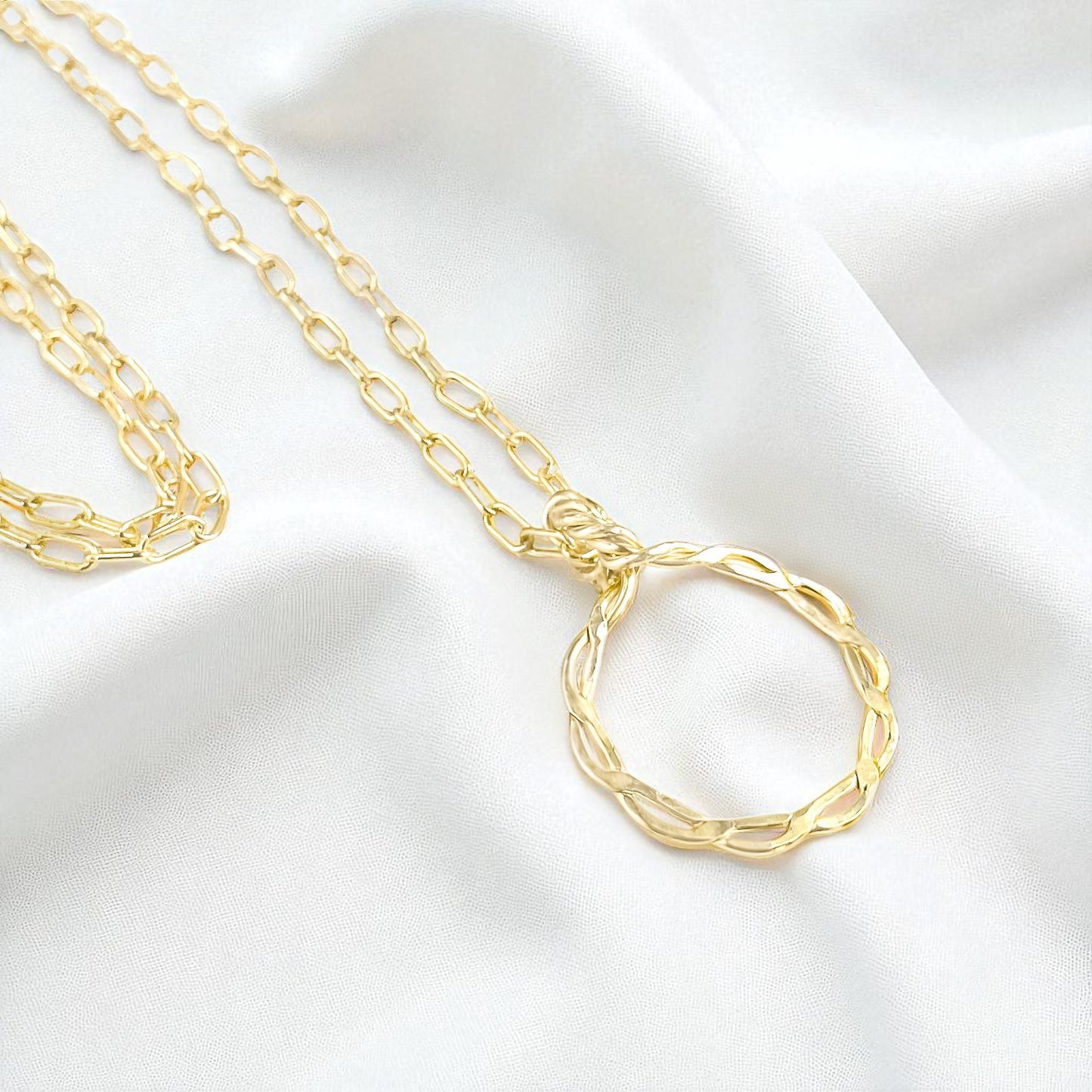 Gold Long Twisted Circle Pendant Necklace
