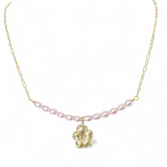 Pink Freshwater Pearl Flower Charm Necklace