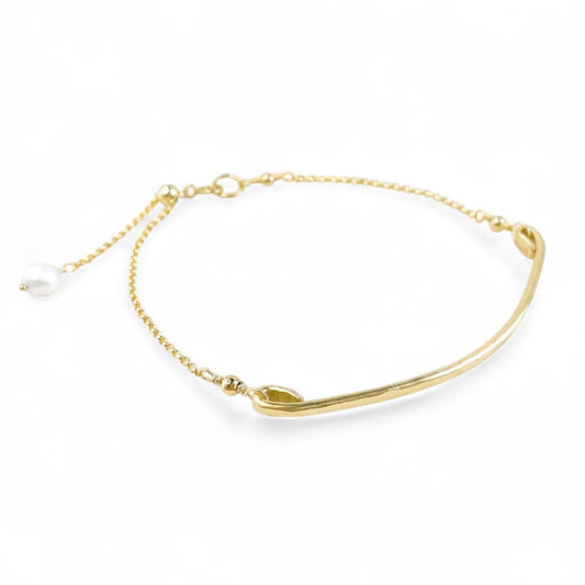 Gold Curved Bar Adjustable Bracelet with Pearl Charm