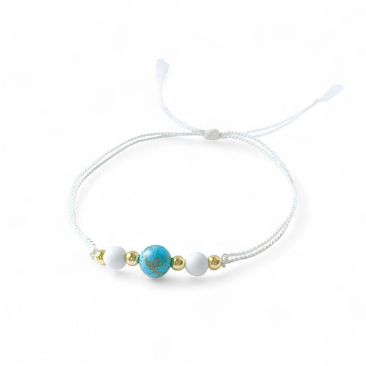 Turquoise, White Agate, and Gold Silk Cord Adjustable Bracelet