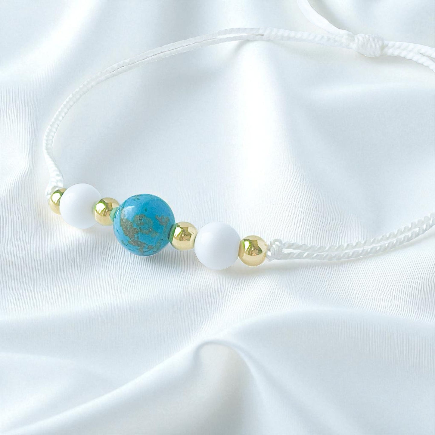 Turquoise, White Agate, and Gold Silk Cord Adjustable Bracelet