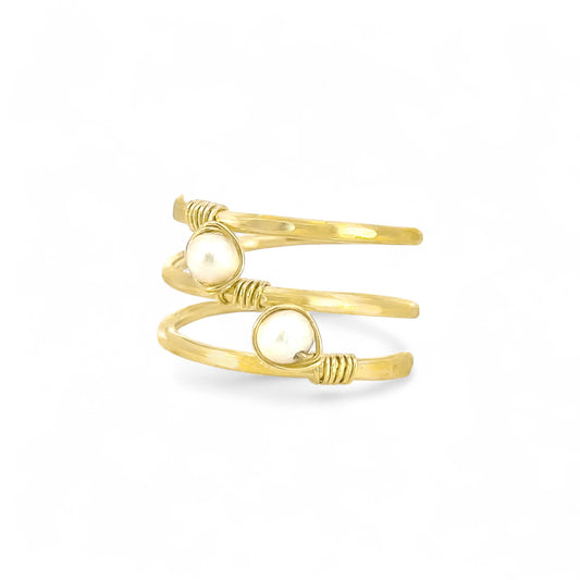 Gold Spiral Double Pearl Ring
