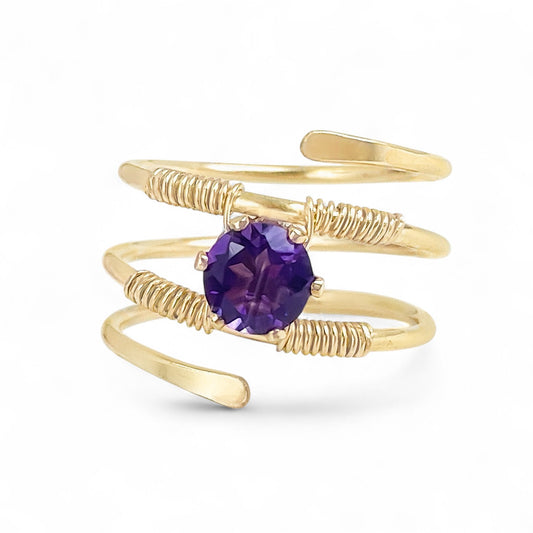 Purple Amethyst Gold Wire Spiral Ring