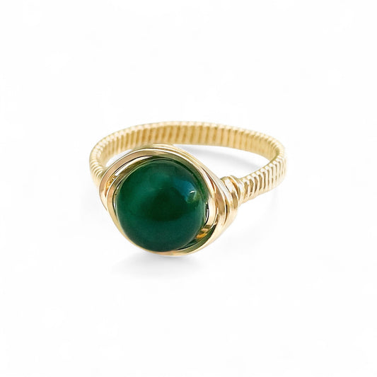Jade Bead Wire Wrapped Gold Ring