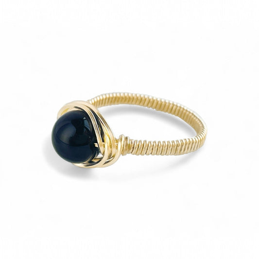 Black Onyx Bead Wire Wrapped Ring