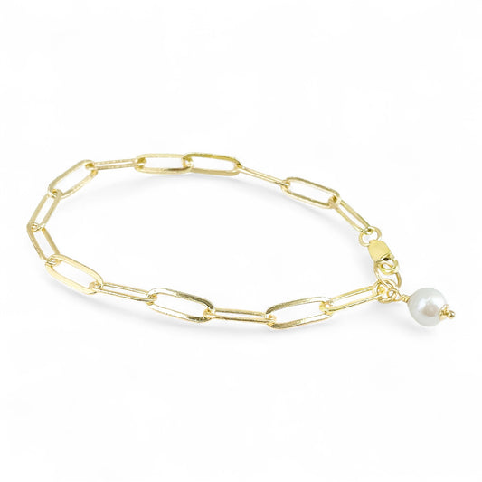 Gold Paperclip Chain with Pearl Charm Bracelet