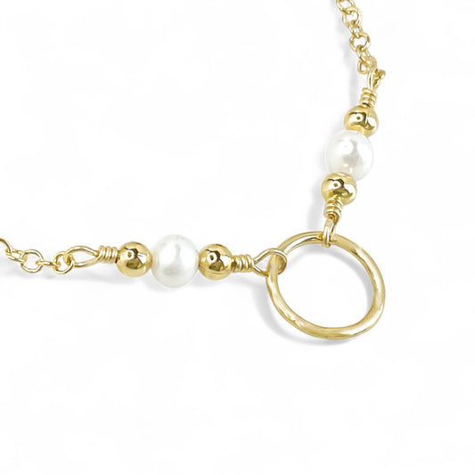 White Pearl and Gold Cluster Circle Adjustable Bracelet
