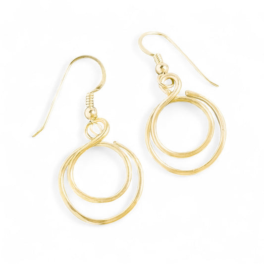 Gold Hammered Double Circle Dangle Earrings
