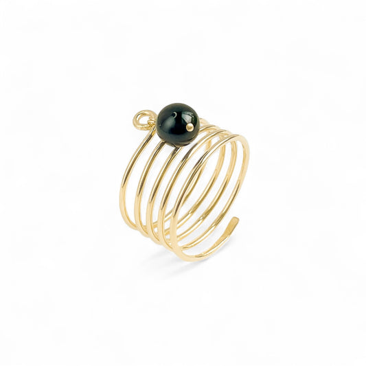 Gold Spiral Ring with Black Akoya Pearl
