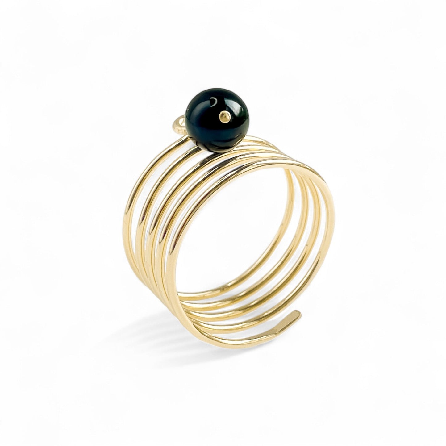 Gold Spiral Ring with Black Akoya Pearl