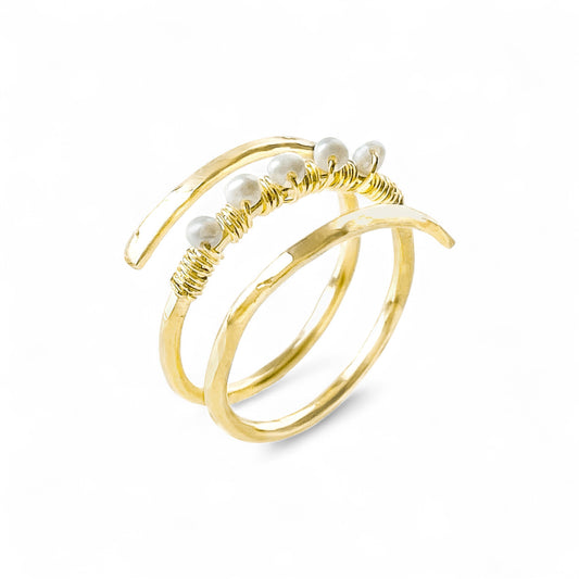 Gold Wire Spiral Ring with Mini Pearls