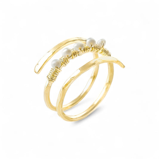 Gold Wire Spiral Ring with Mini Pearls