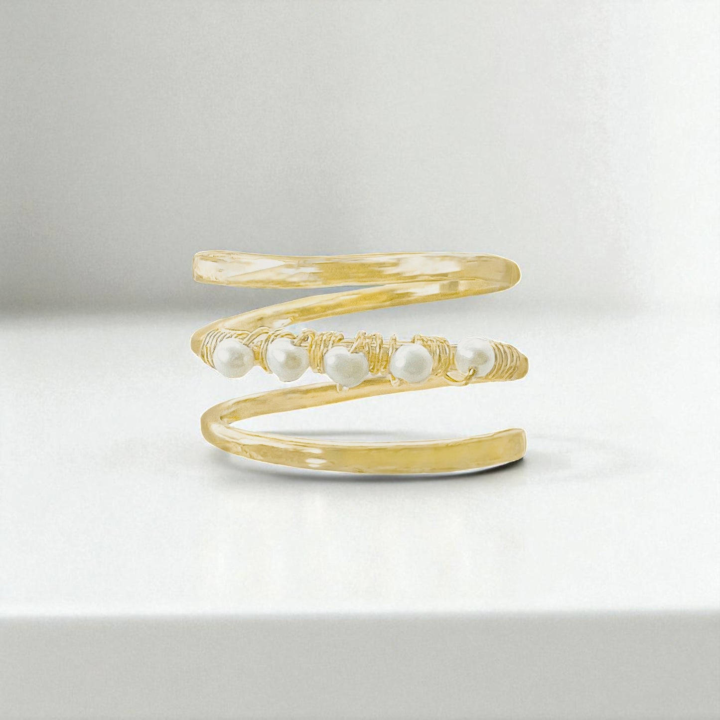 Gold Wire Spiral Ring with Mini Pearls