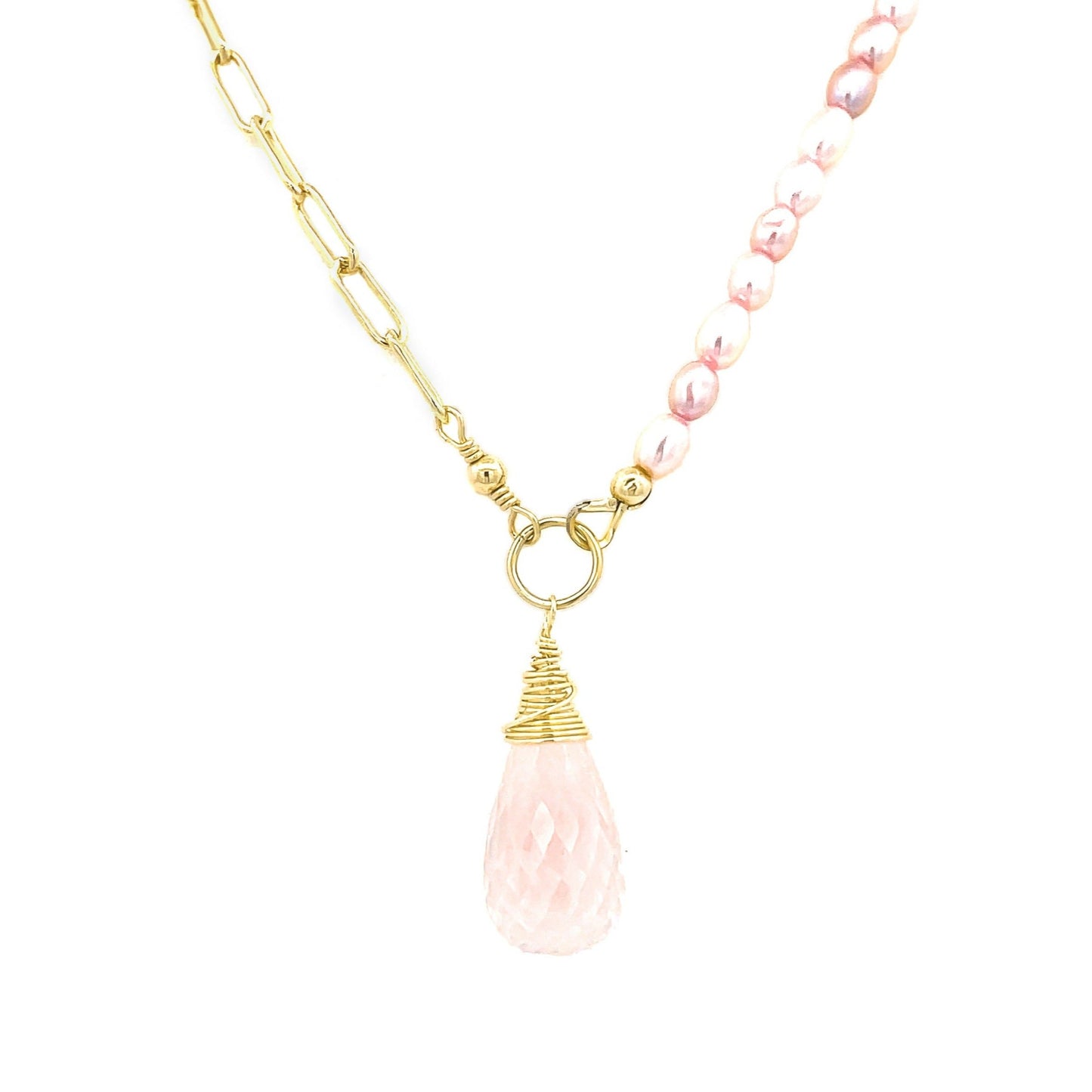 Rose Quartz Half Pearl Half Chain Necklace