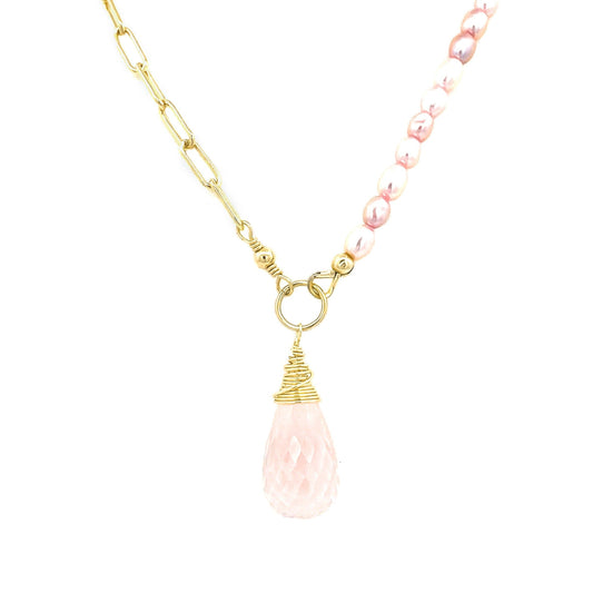 Rose Quartz Half Pearl Half Chain Necklace