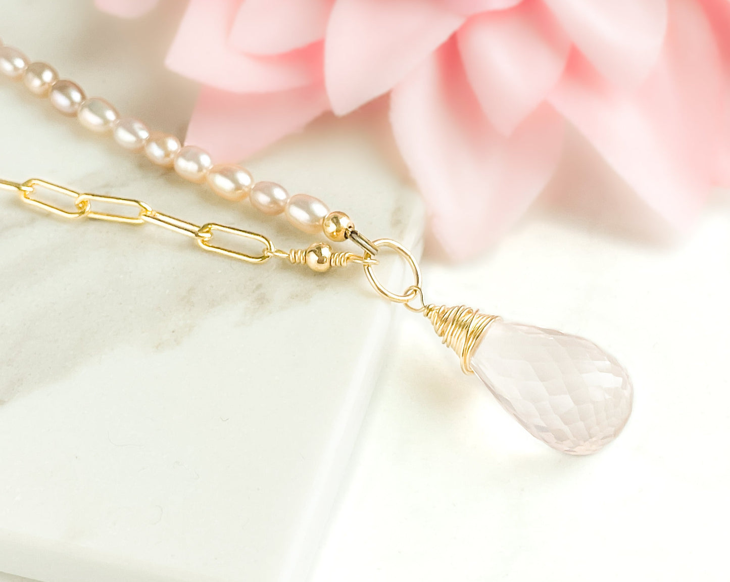 Rose Quartz Half Pearl Half Chain Necklace