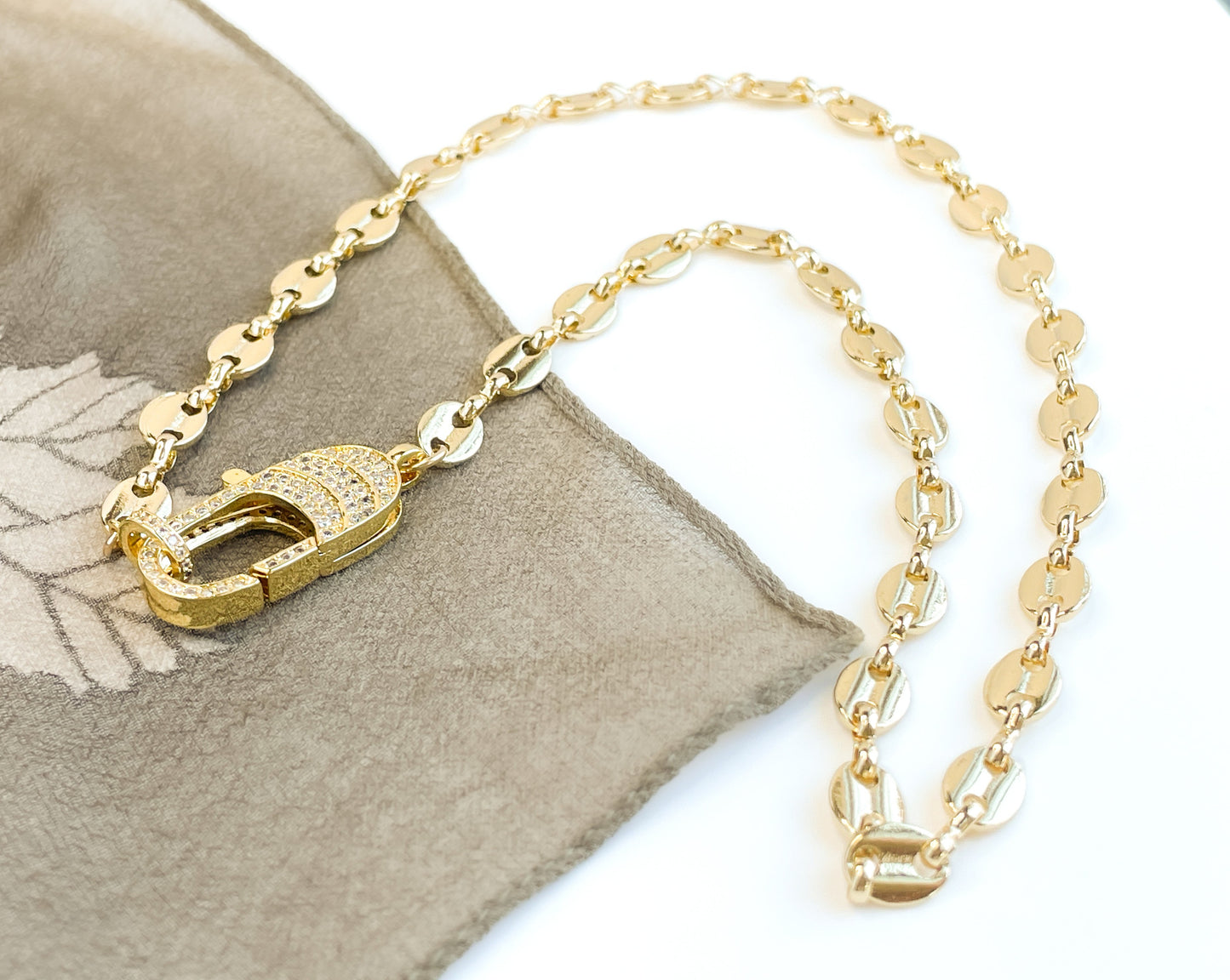 Gold Marine Link Necklace with CZ Lobster Claw Clasp