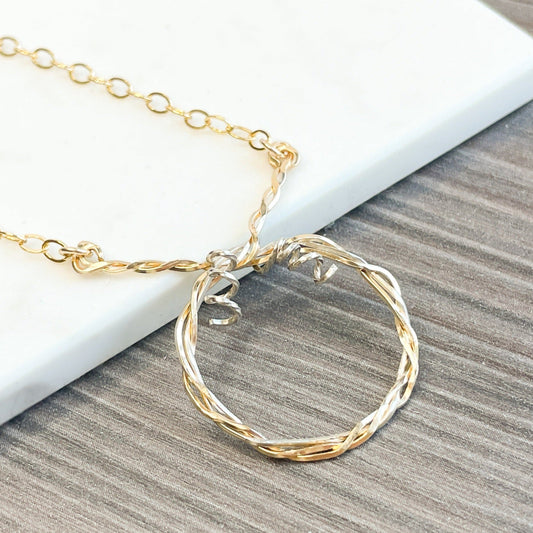 Gold and Silver Circle Twisted Pendant Necklace