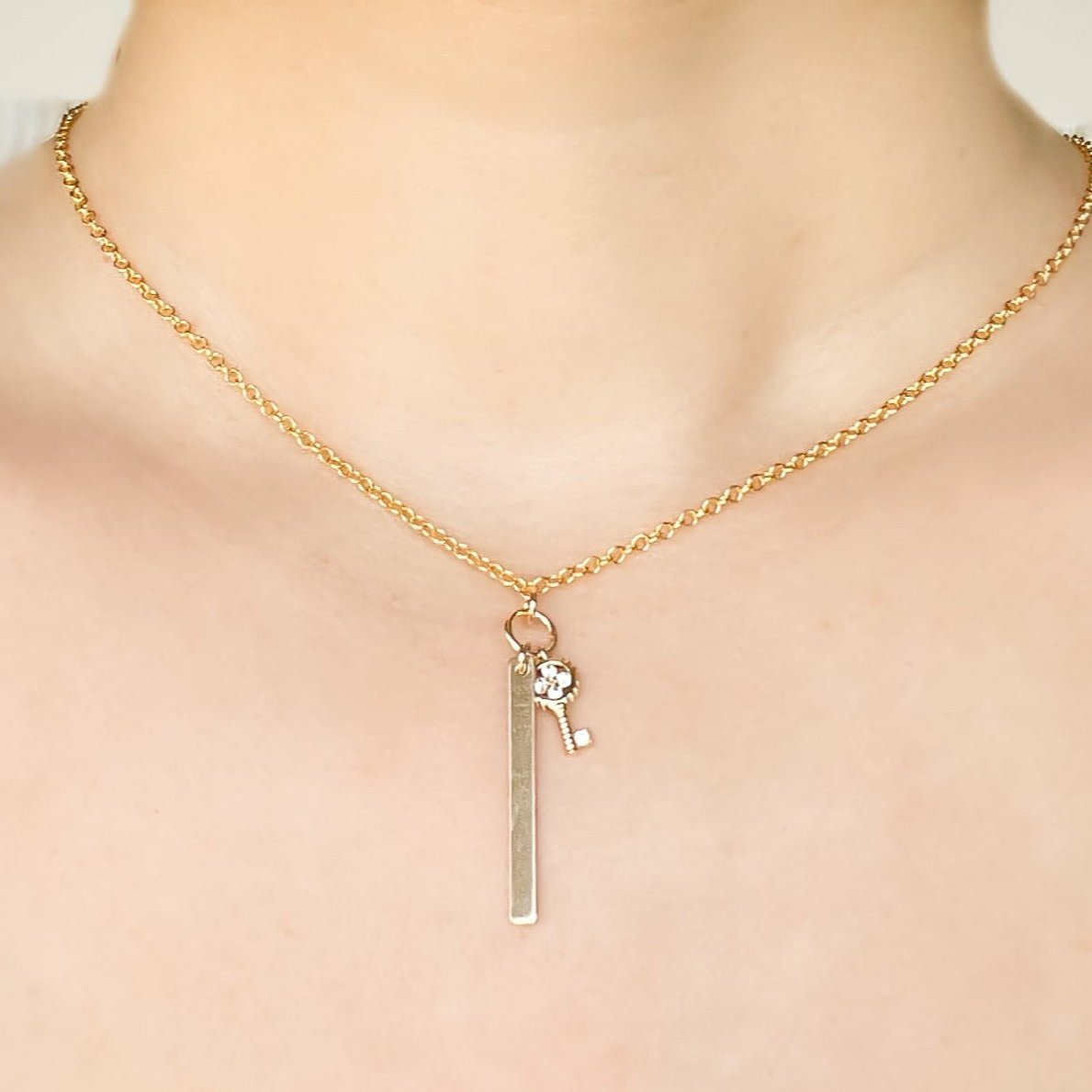 Gold Bar and Key Necklace